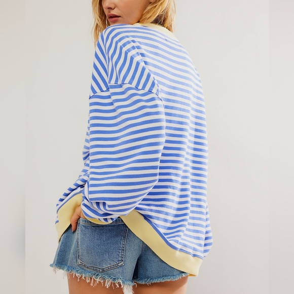 Free People Classic Striped Oversized Crewneck Blue and White, Yellow Trim NWOT - Picture 3 of 11
